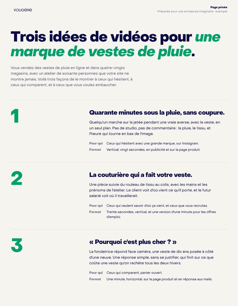 La page privée telle que vous la recevez : un titre au nom de l'entreprise, puis trois idées de vidéos, chacune avec ce qu'on filme, pour qui, et le format.